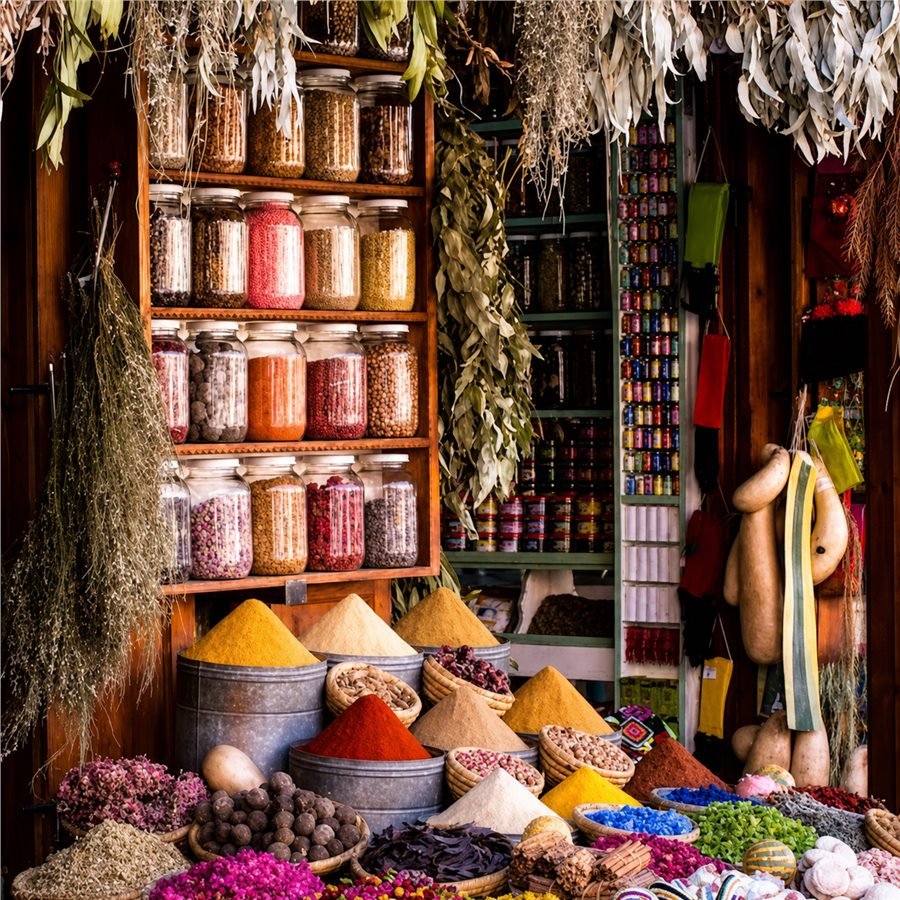Agadir souk spice stall with colorful herbs, jars, and Moroccan market textures