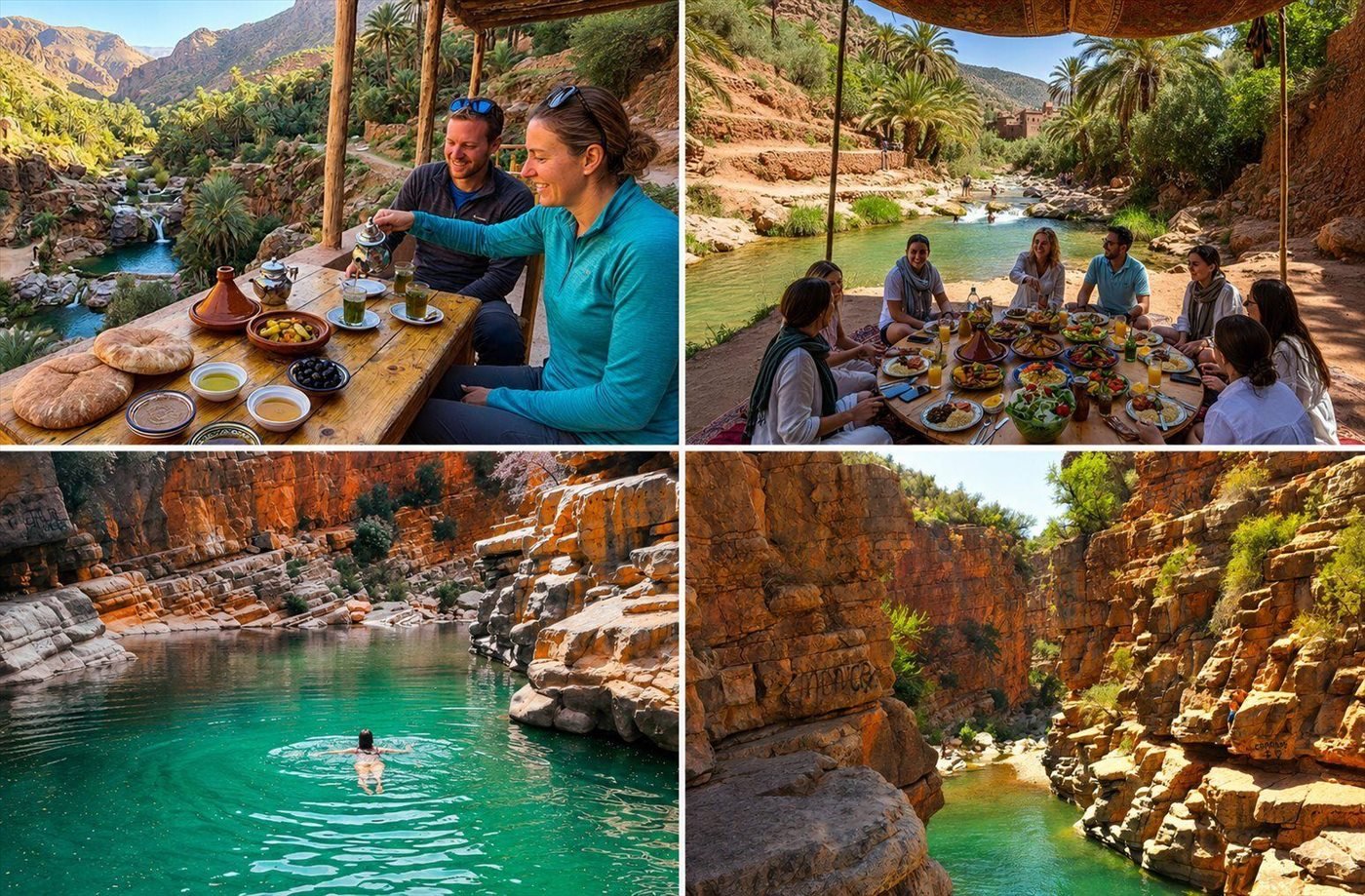 Paradise Valley experience collage with canyon pools, palm valley, Moroccan lunch, and swimming near Agadir