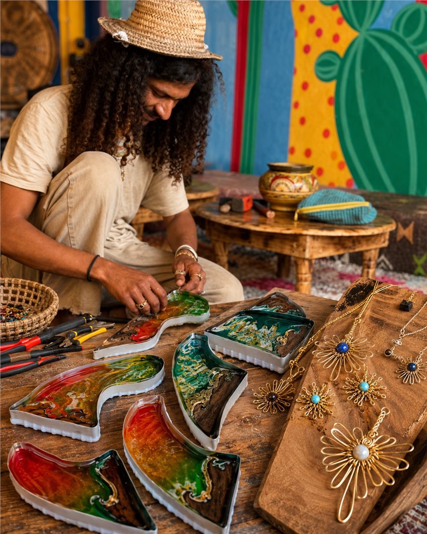 Artisan jewelry and resin craft workshop at Dar Mouja in Imsouane
