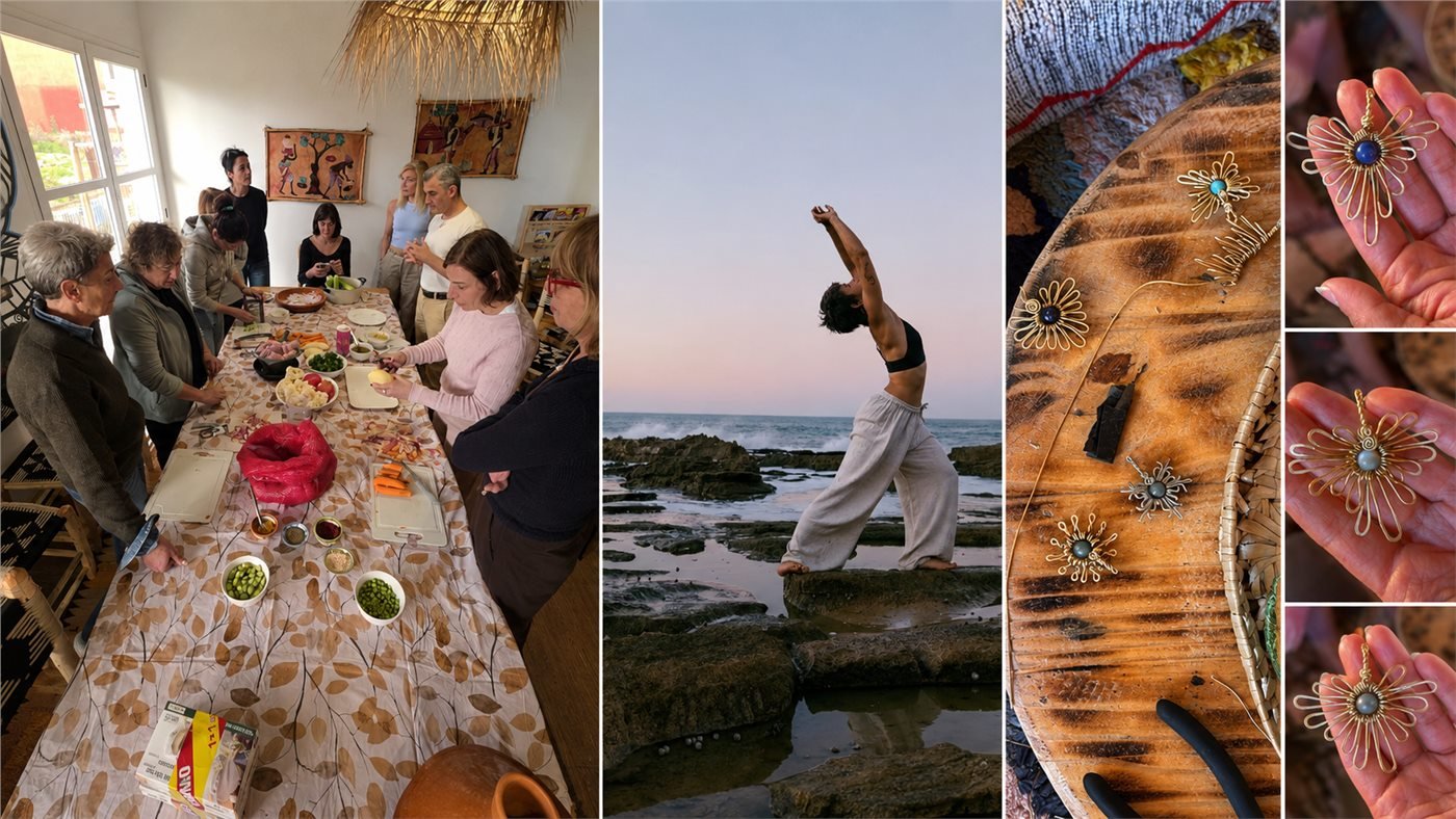 Dar Mouja workshop collage with cooking, movement by the sea, and handmade jewelry details