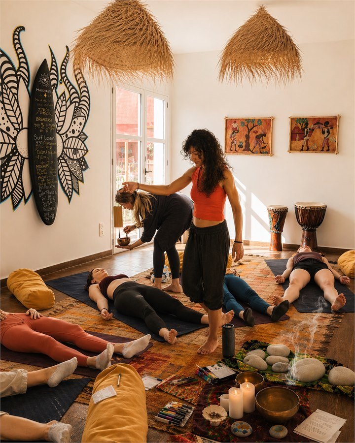 Workshop and grounding session inside Dar Mouja with mats, candles, and handmade decor