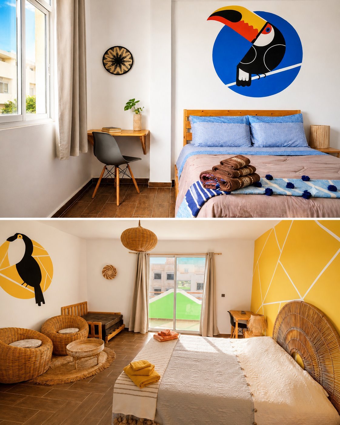 Dar Mouja blue and yellow rooms with artisan wall art, workspace, and warm Moroccan decor