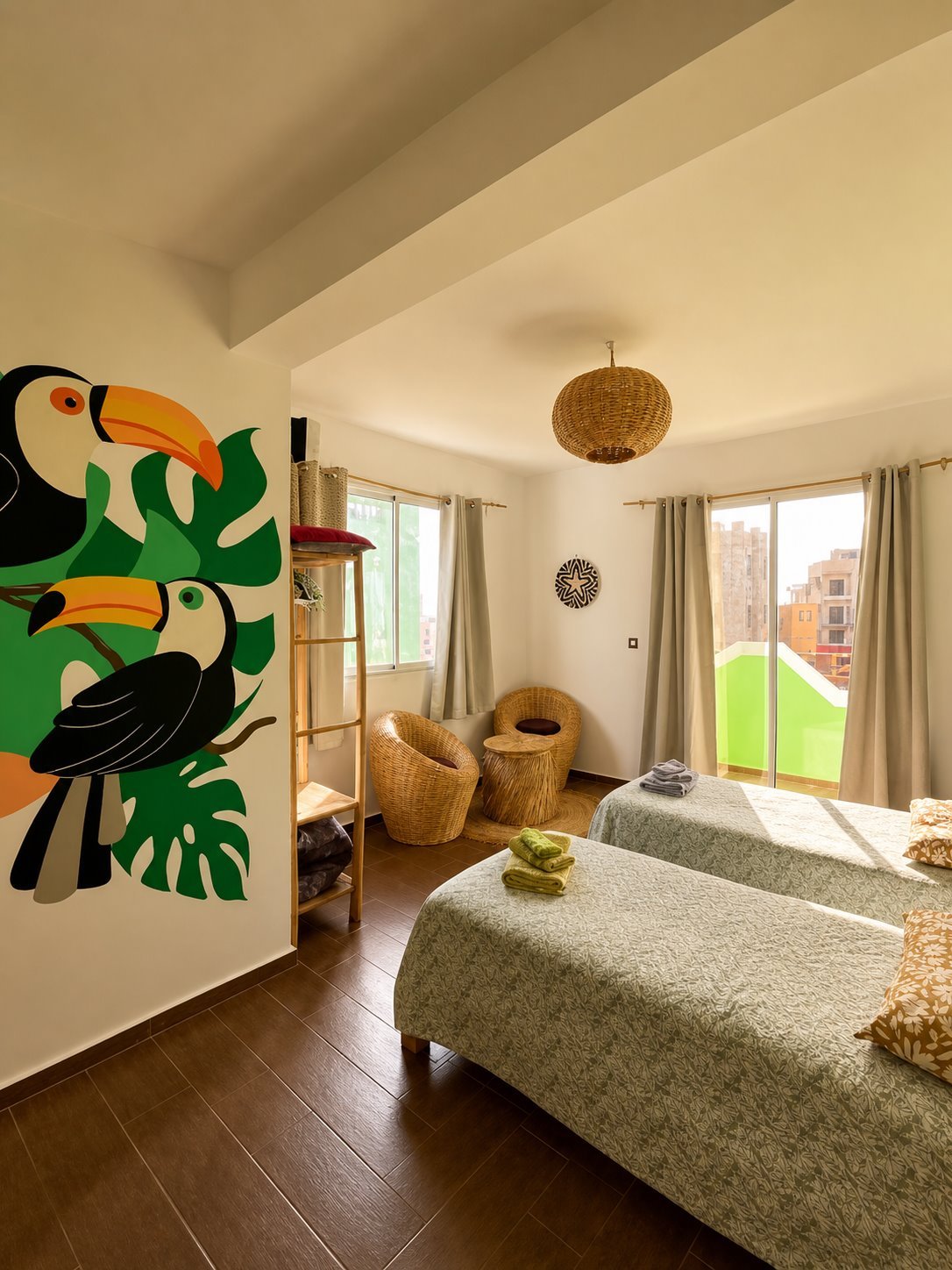 Twin room at Dar Mouja with toucan wall art, handmade wicker details, and balcony light