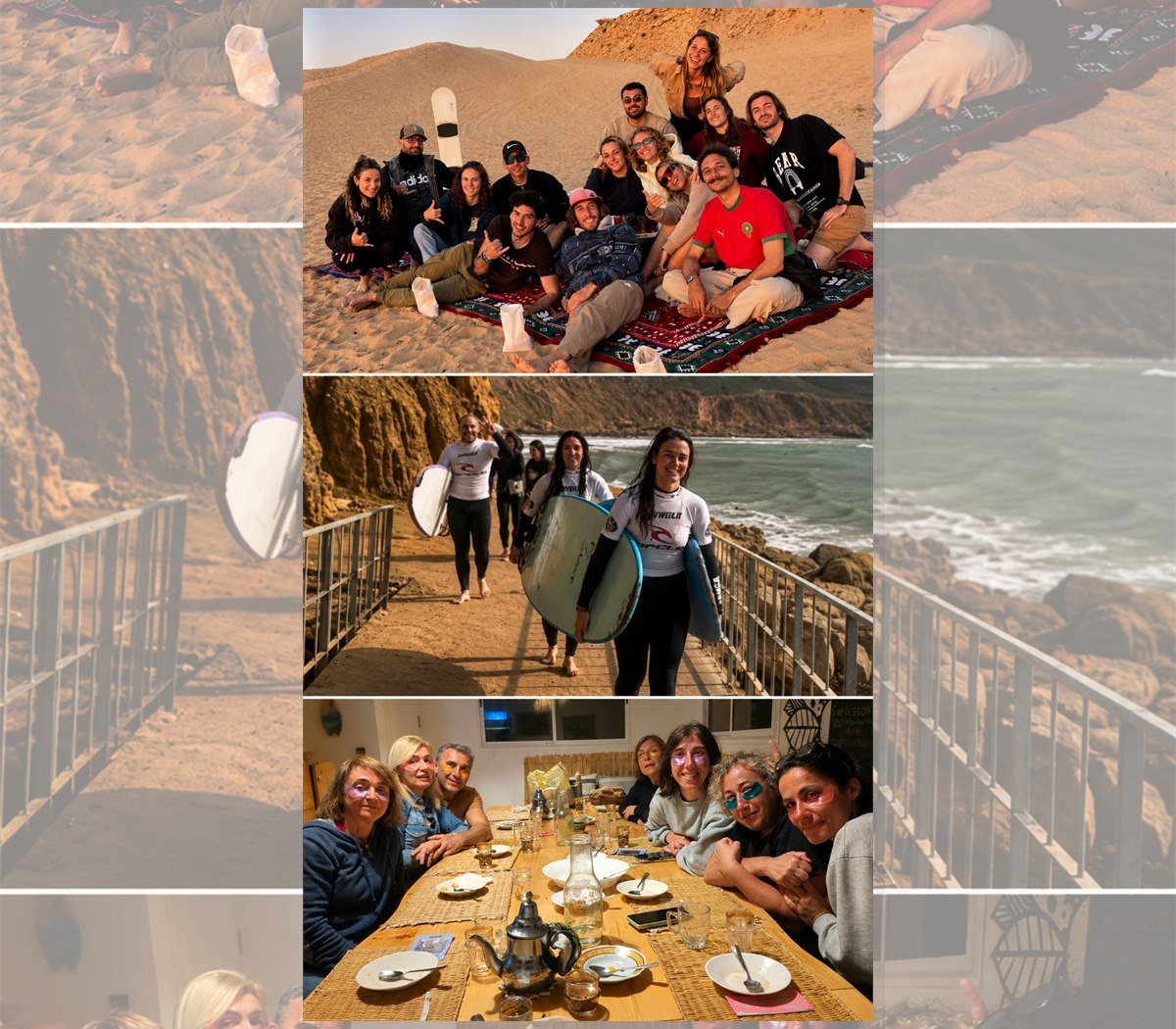 All-In-One Pack collage with dunes, surf walk and shared dinner moments