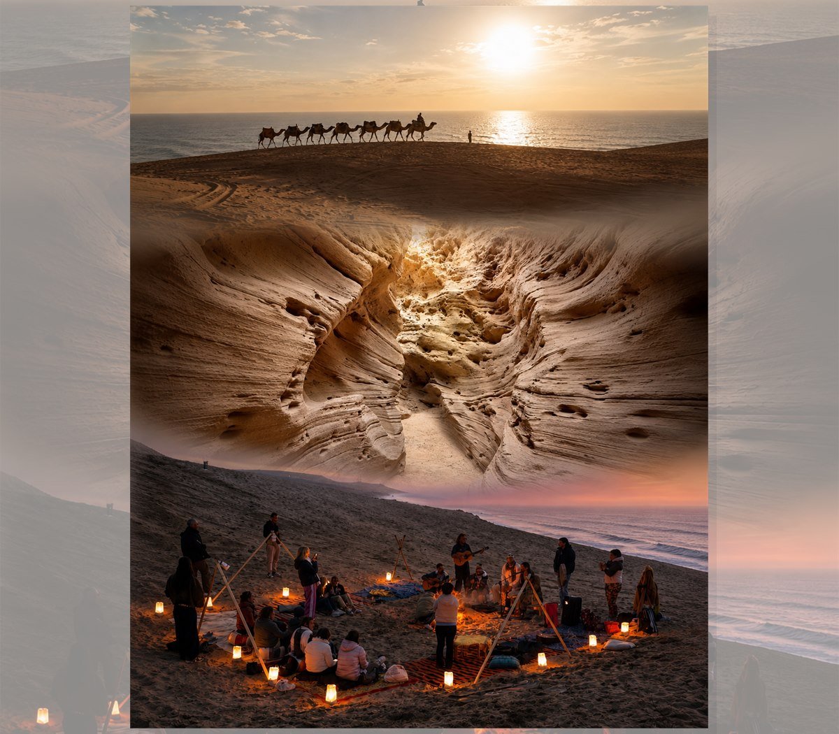 All-In-One Pack collage with camels at sunset, canyon dunes and music gathering by the ocean