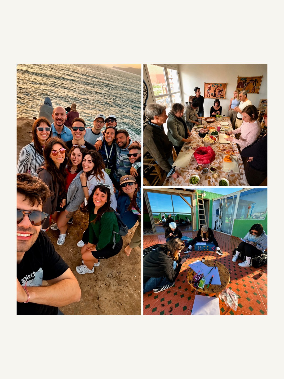 Collage of sunset group moments, shared cooking and creative workshop time during the All-In-One Pack