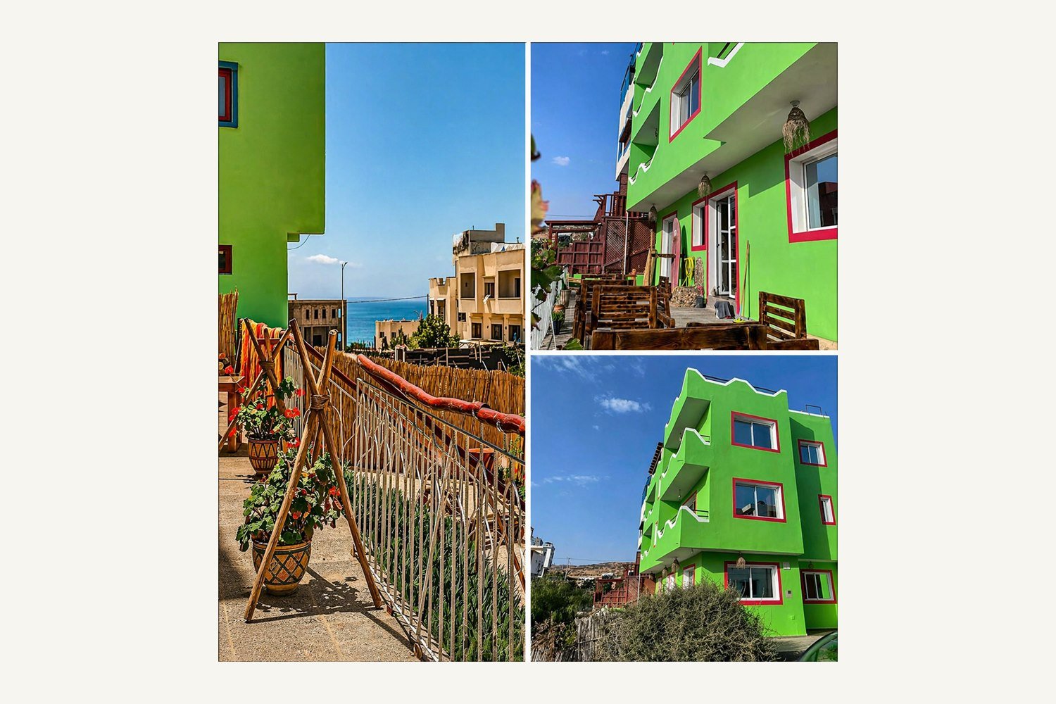 Collage of Dar Mouja exterior, terrace seating and ocean-side house views for the All-In-One Pack