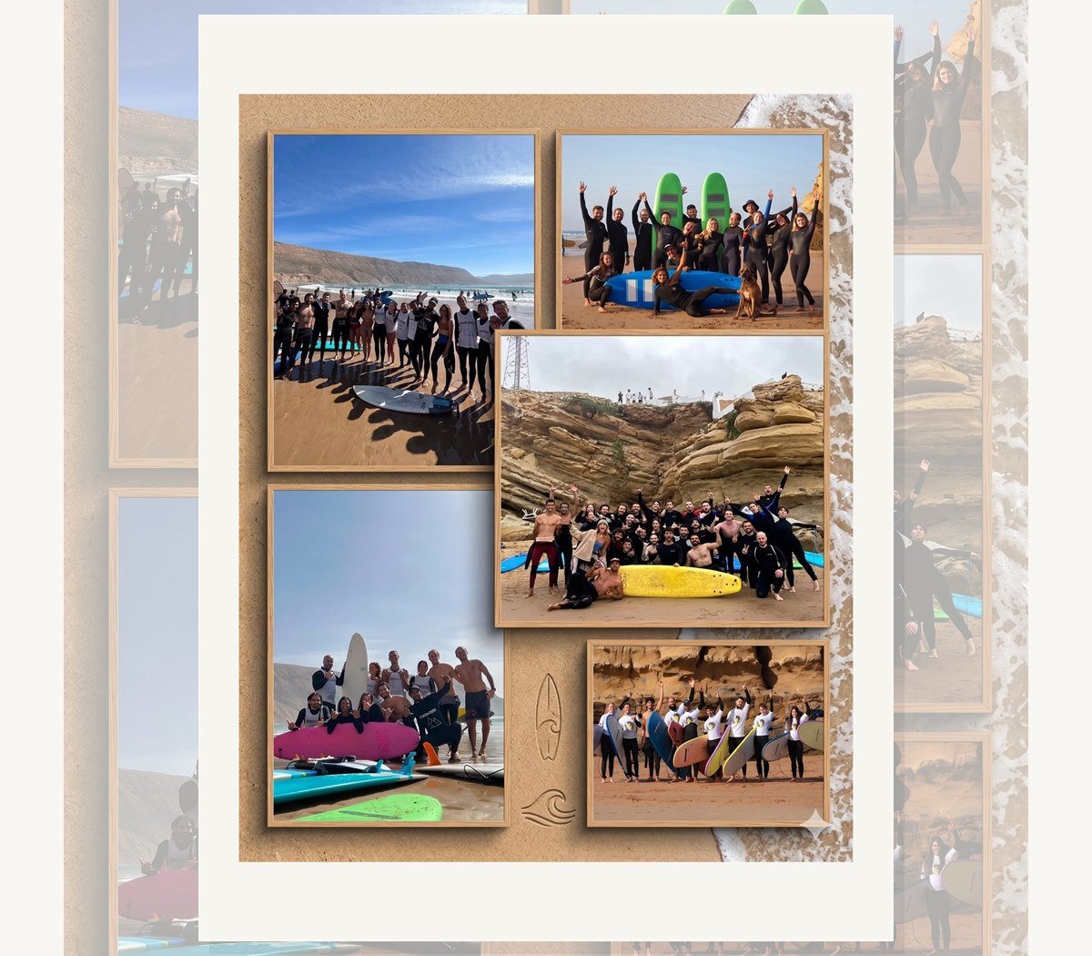 Collage of Learn and Surf group moments, beach sessions and surf memories in Imsouane