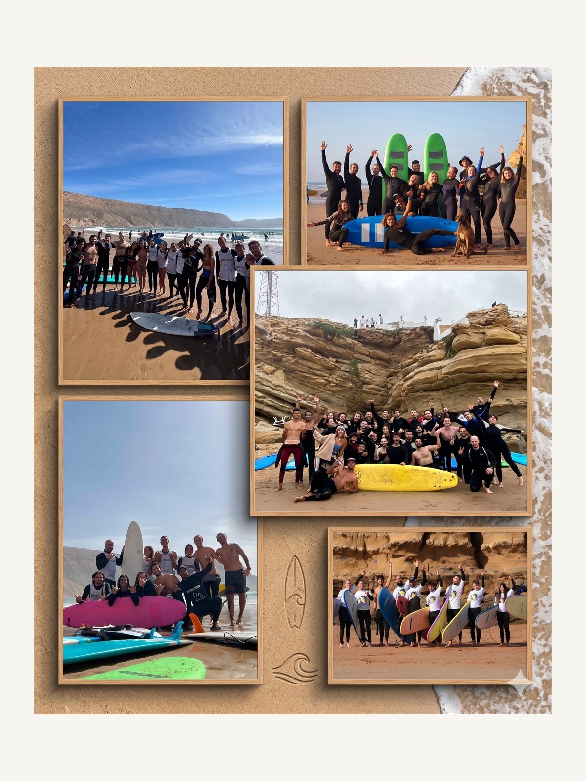 Collage of Learn and Surf group moments, beach sessions and surf memories in Imsouane