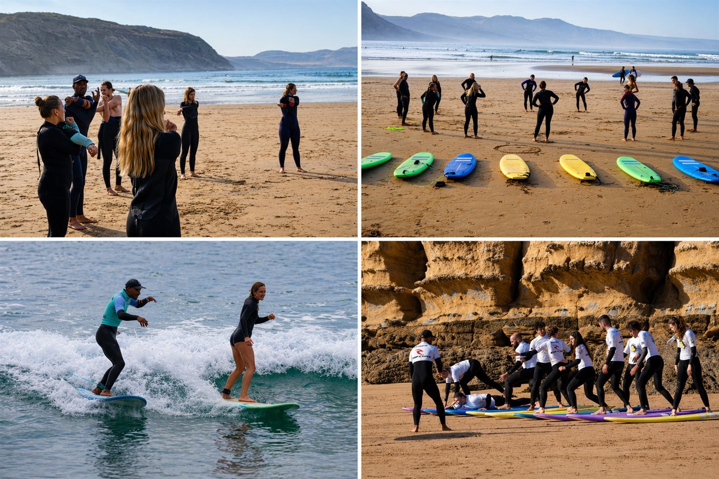 Collage of Learn and Surf warm-ups, coaching circles, first waves and beach practice in Imsouane