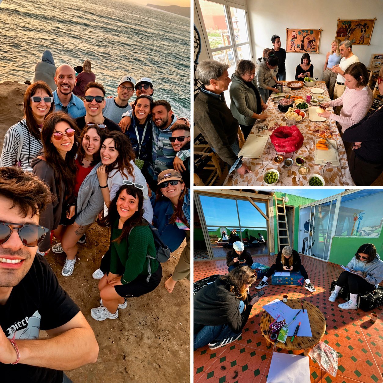 Ocean Balance collage with sunset group moments, shared cooking and rooftop creative time