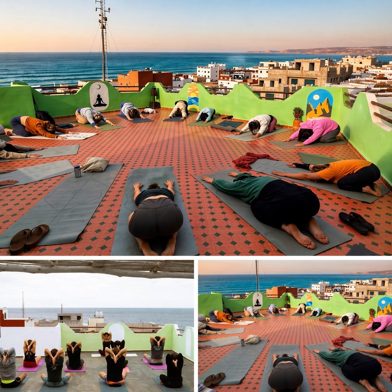 Ocean Balance rooftop yoga collage with ocean views over Imsouane