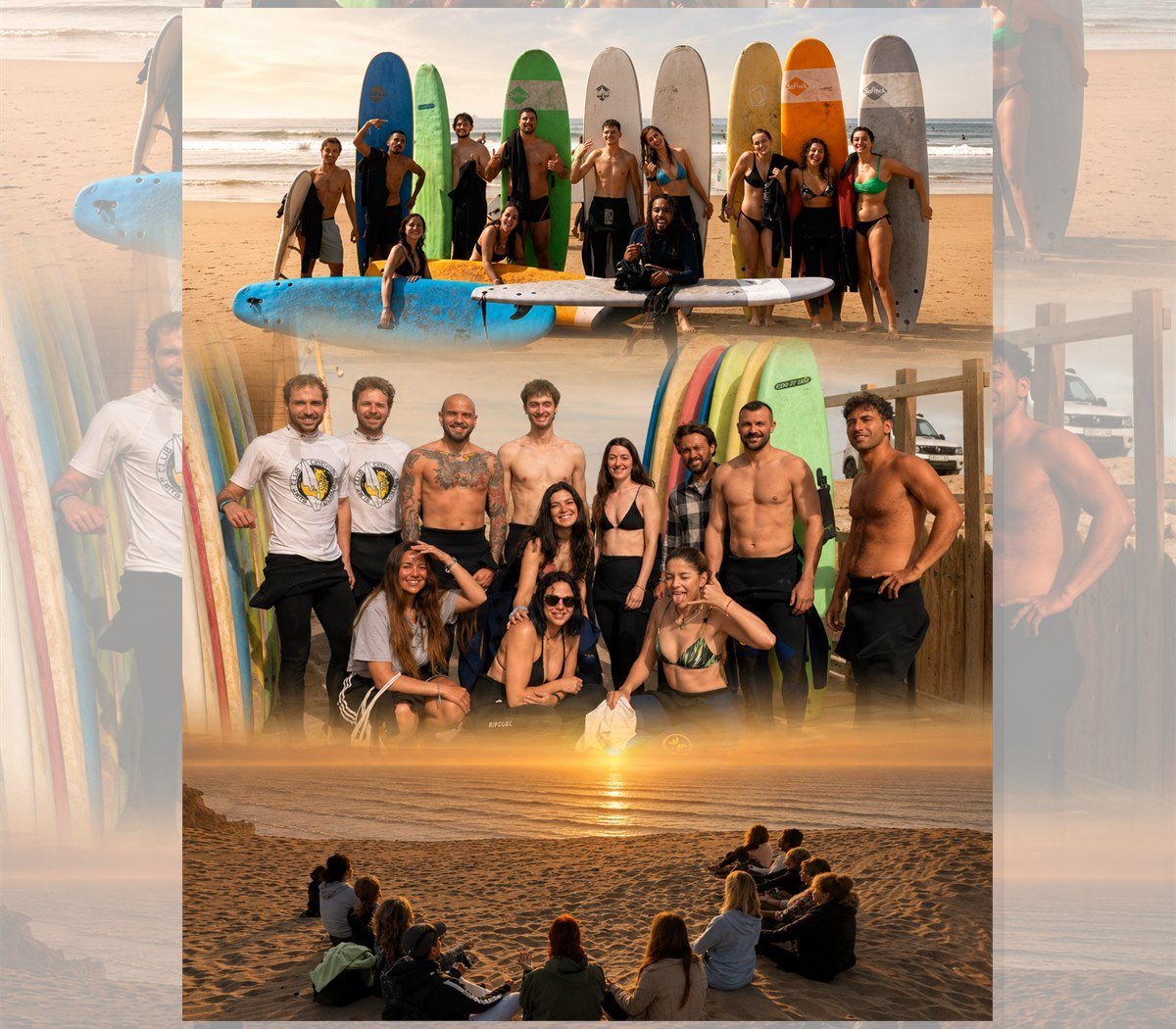 Ocean Balance surf group collage with boards, beach moments and sunset in Imsouane