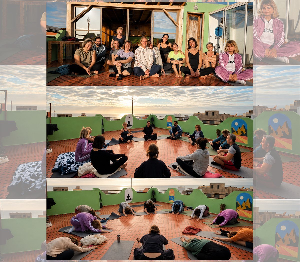Ocean Balance rooftop yoga retreat moments with group circle, sunset practice and ocean view