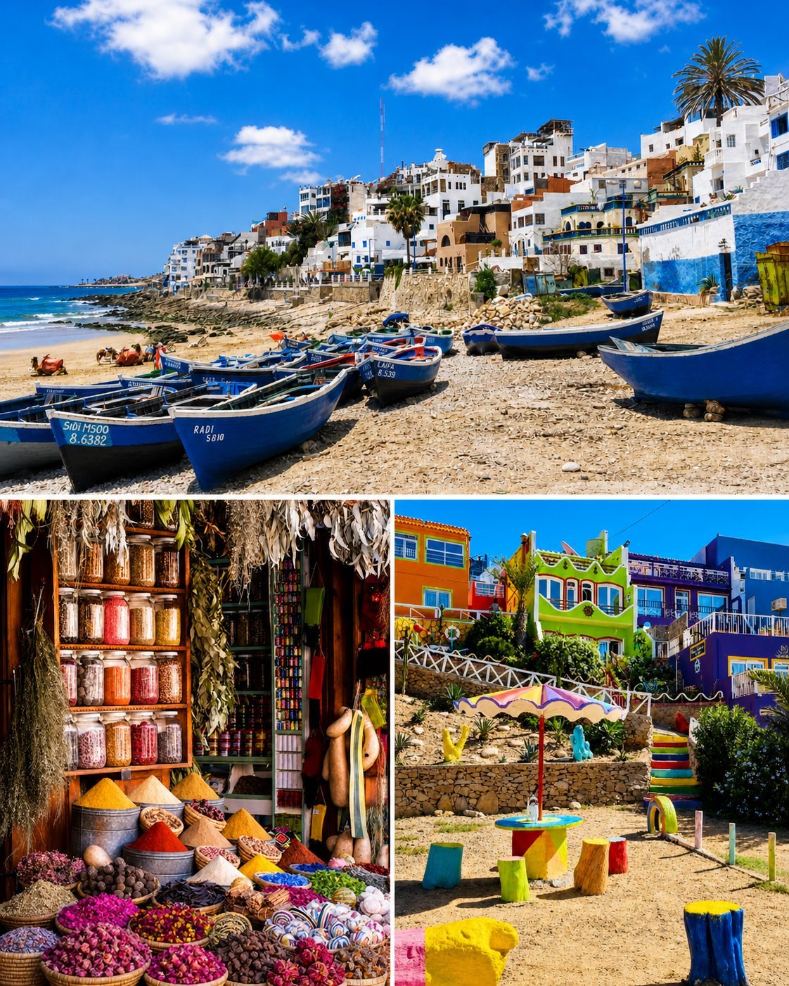 Pro-Retreat excursion collage with blue boats, coastal village and Moroccan market colors