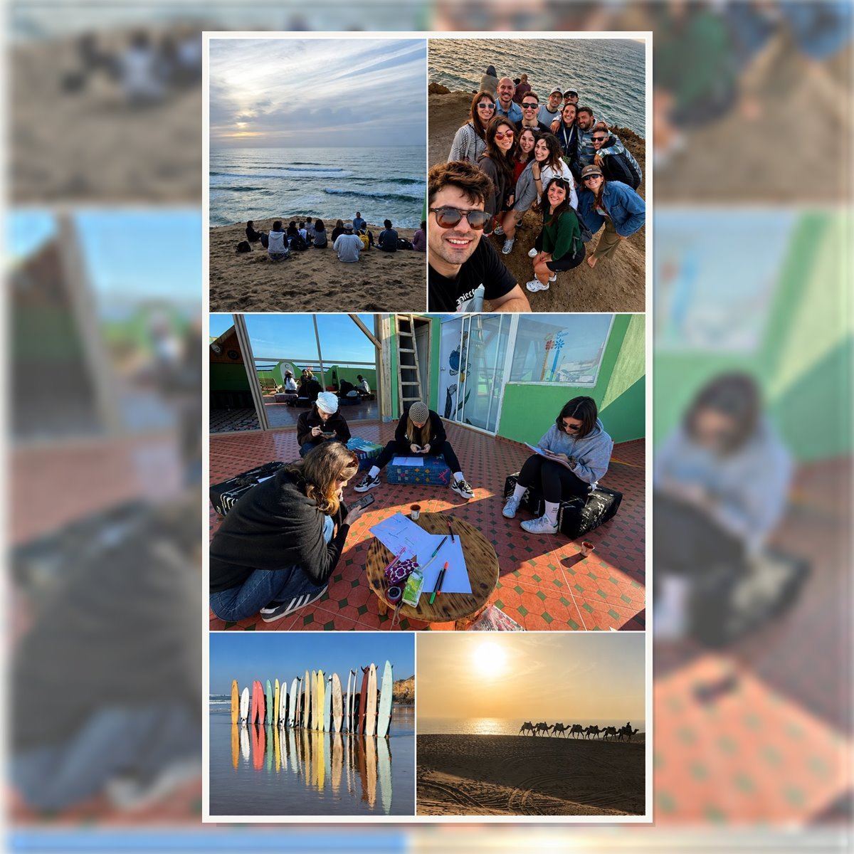 Pro-Retreat collage with ocean moments, group work, surfboards and sunset dunes