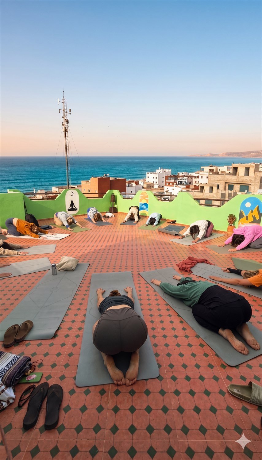 Pro-Retreat rooftop yoga session with ocean view at Dar Mouja