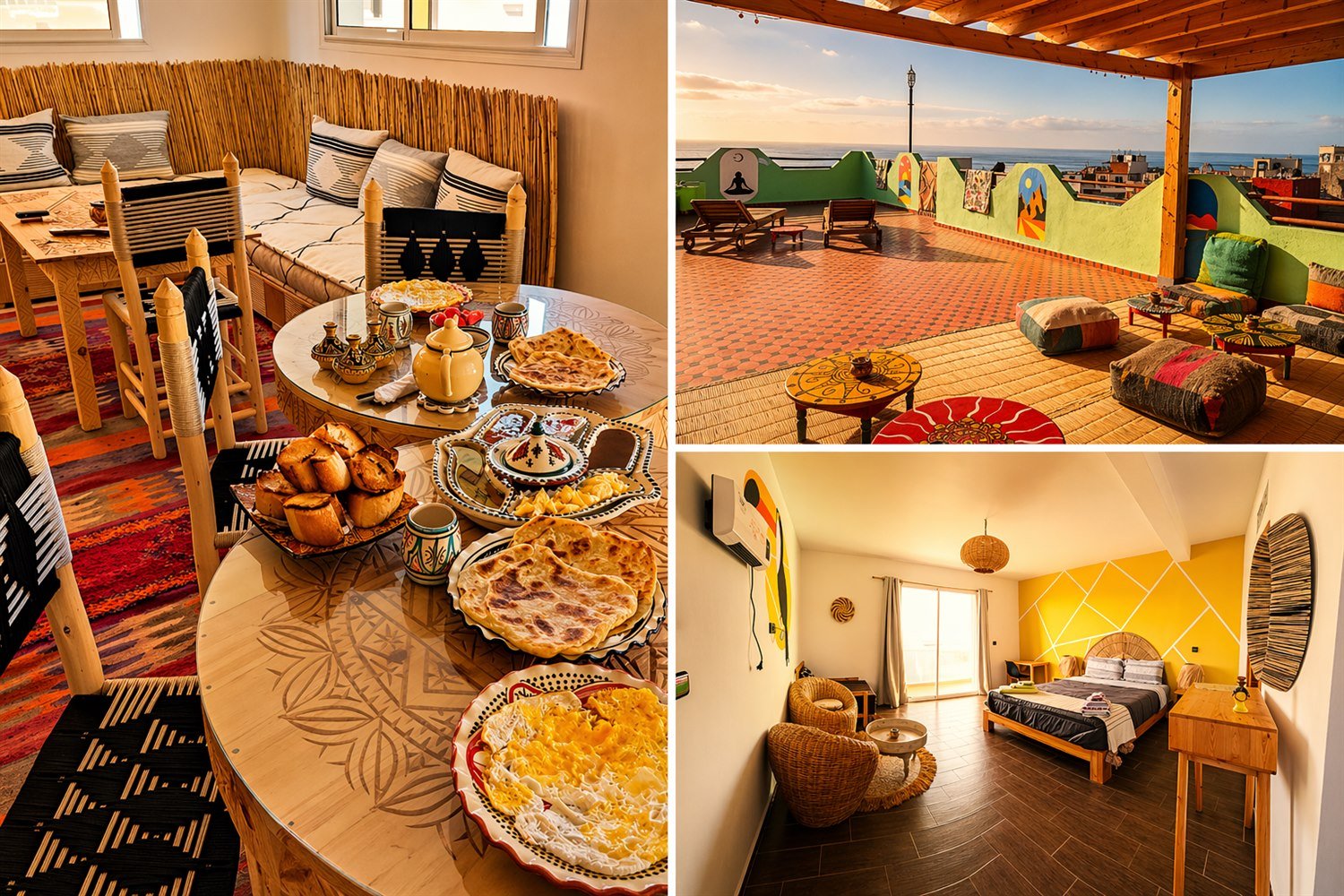 Ride and Rest collage with breakfast, rooftop terrace and bright yellow guest room at Dar Mouja